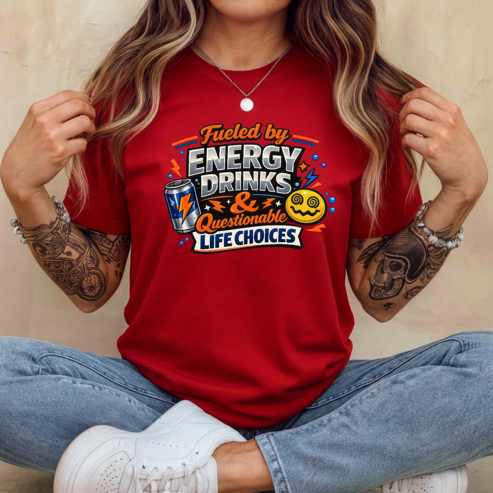 Woman_08 Fueled By Energy Drinks And Questionable Life Choices T-Shirt, Funny Gamer Tee, Sarcastic Drinking Shirt, Trendy Meme Graphic Apparel Clothing Premium Fitted 100% Cotton - Image 1