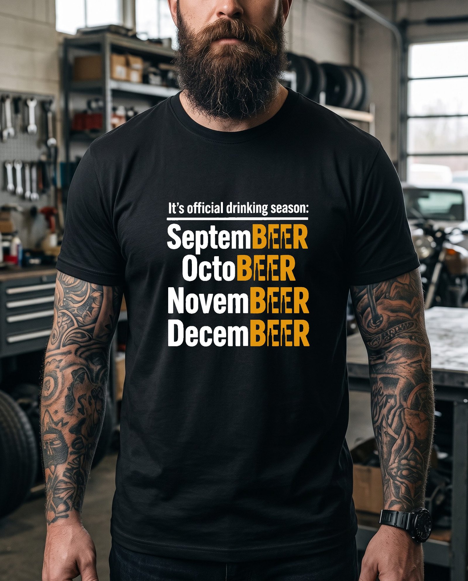 man_ SeptemBEER OctoBEER Drinking Season T-Shirt, Funny Beer Lover Tee, Fall Drinking Shirt, Sarcastic Alcohol Holiday Graphic Tee Gift Premium Fitted 100% Cotton - Image 1